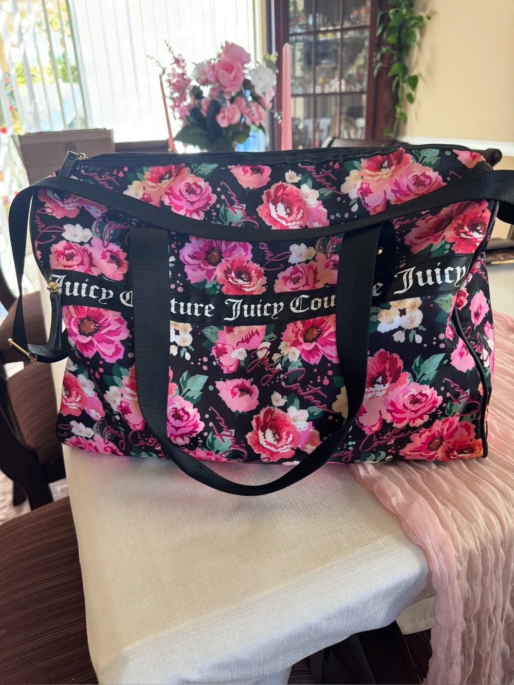 Juicy Couture Black Floral Duffel Bag with Pink Roses